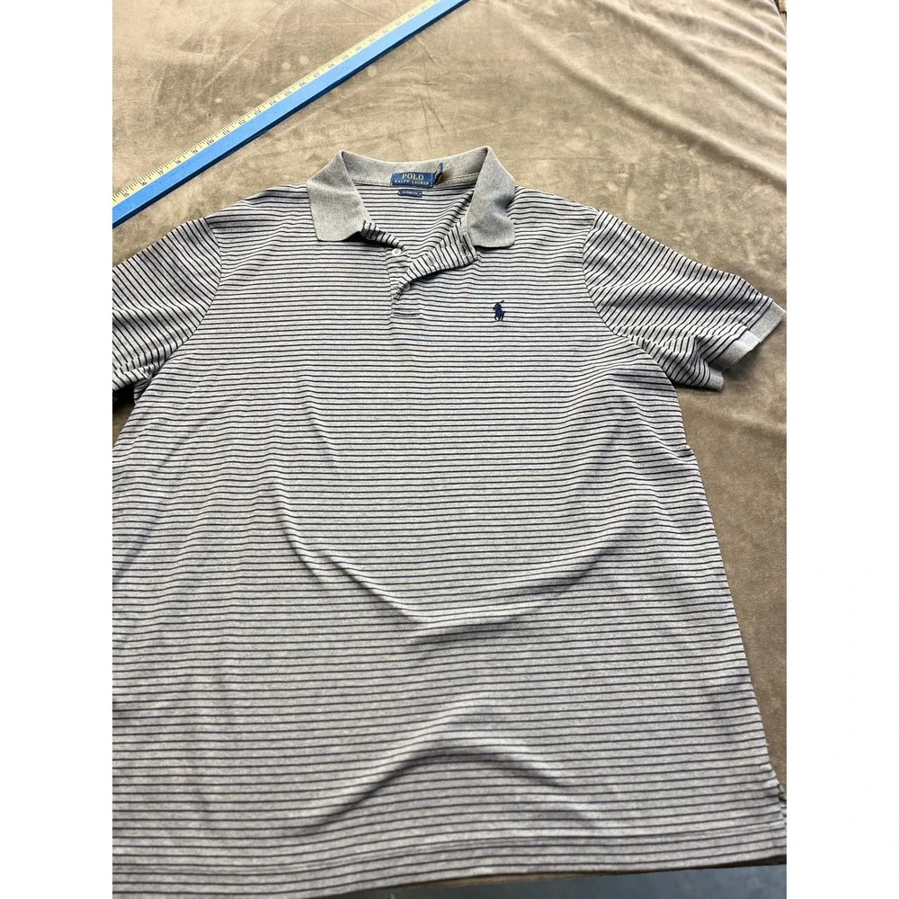 Polo Ralph Lauren Men XL Classic Fit Striped Polo Shirt Grey Navy Blue Short Slv